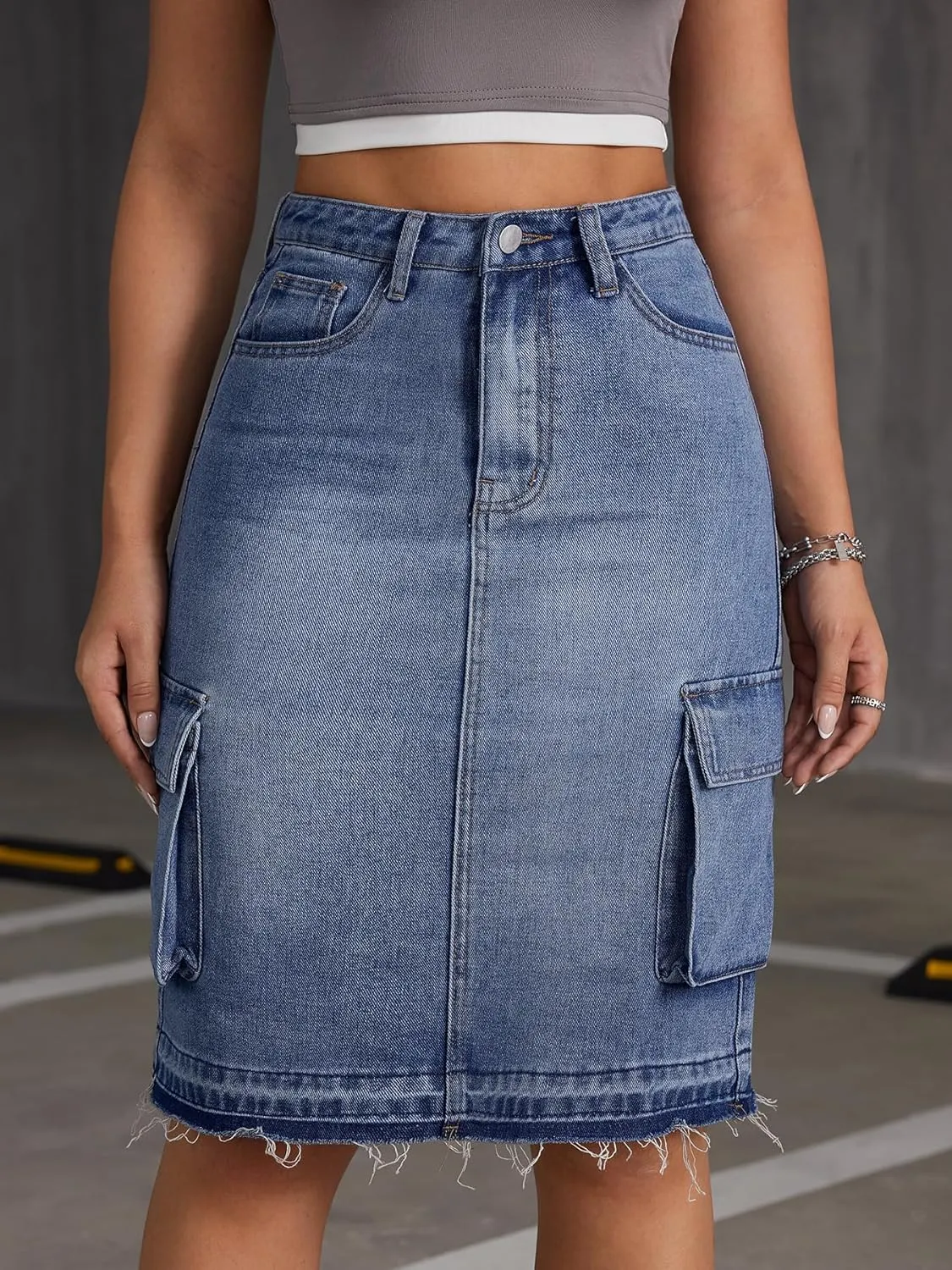 Women's Mid Rise Cargo Denim Mini Skirt A-Line Denim Shirt with Pockets
