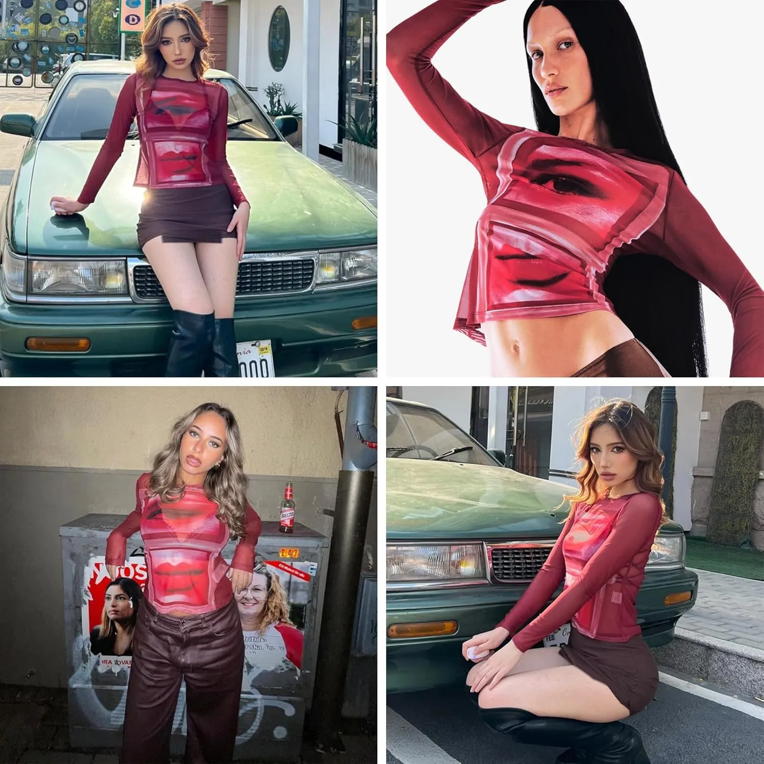 Women's Sexy Mesh See Through T Shirt Fashion Money Print Long Sleeve Crop Top Slim Tee Tops