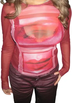 Women's Sexy Mesh See Through T Shirt Fashion Money Print Long Sleeve Crop Top Slim Tee Tops