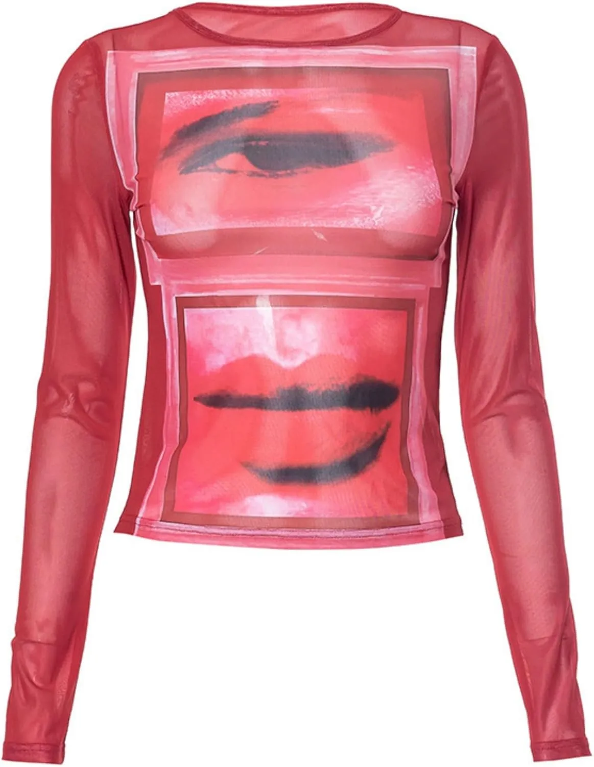 Women's Sexy Mesh See Through T Shirt Fashion Money Print Long Sleeve Crop Top Slim Tee Tops