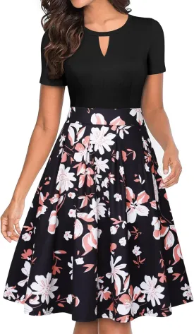 YATHON Women's Vintage Floral Flared A-Line Swing Casual Party Dresses with Pockets