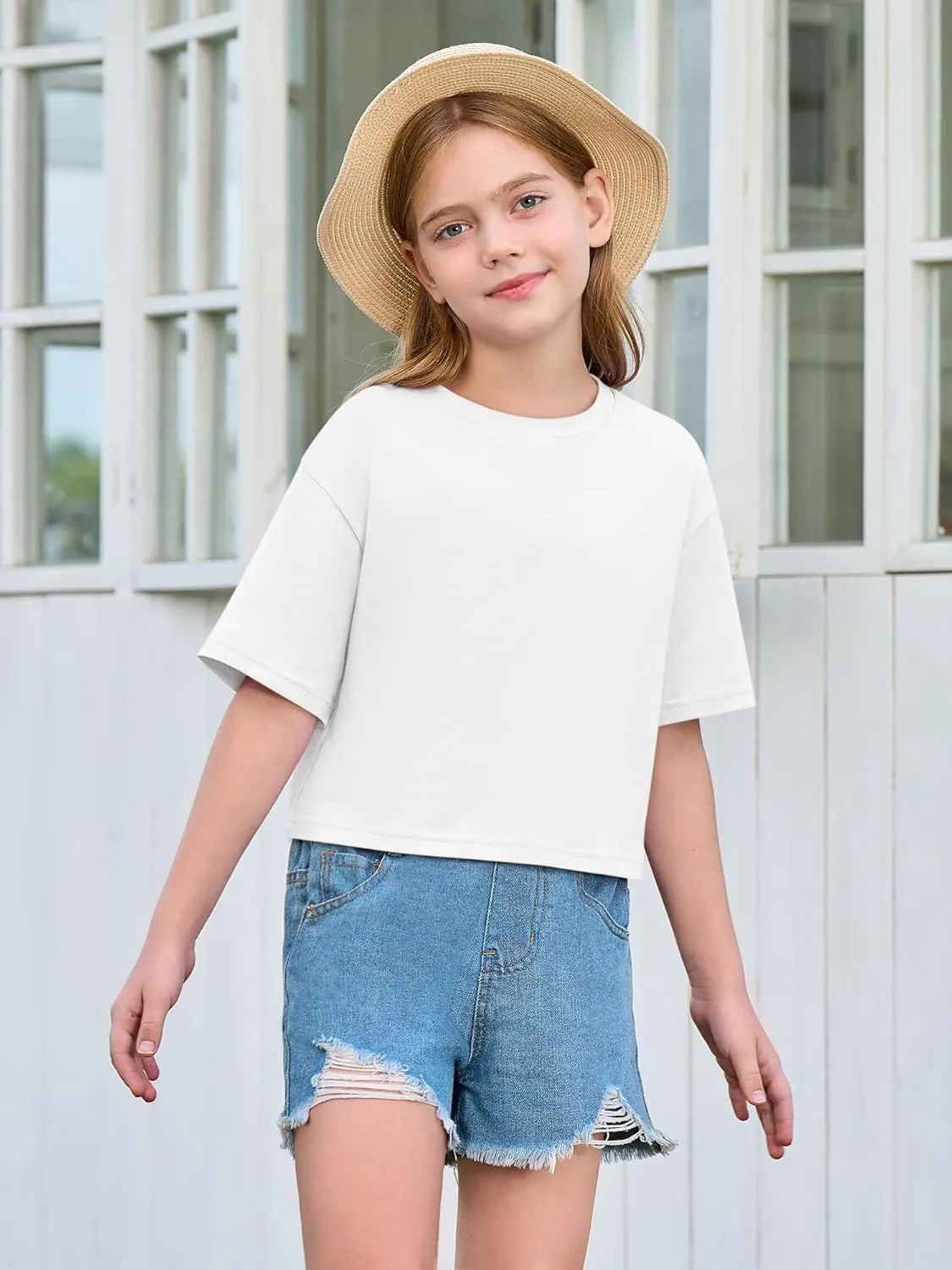 Yousify Girls Athletic T Shirts Kids Summer Crewneck Short Sleeve Fashion Crop Tops Tees 5-14 Years