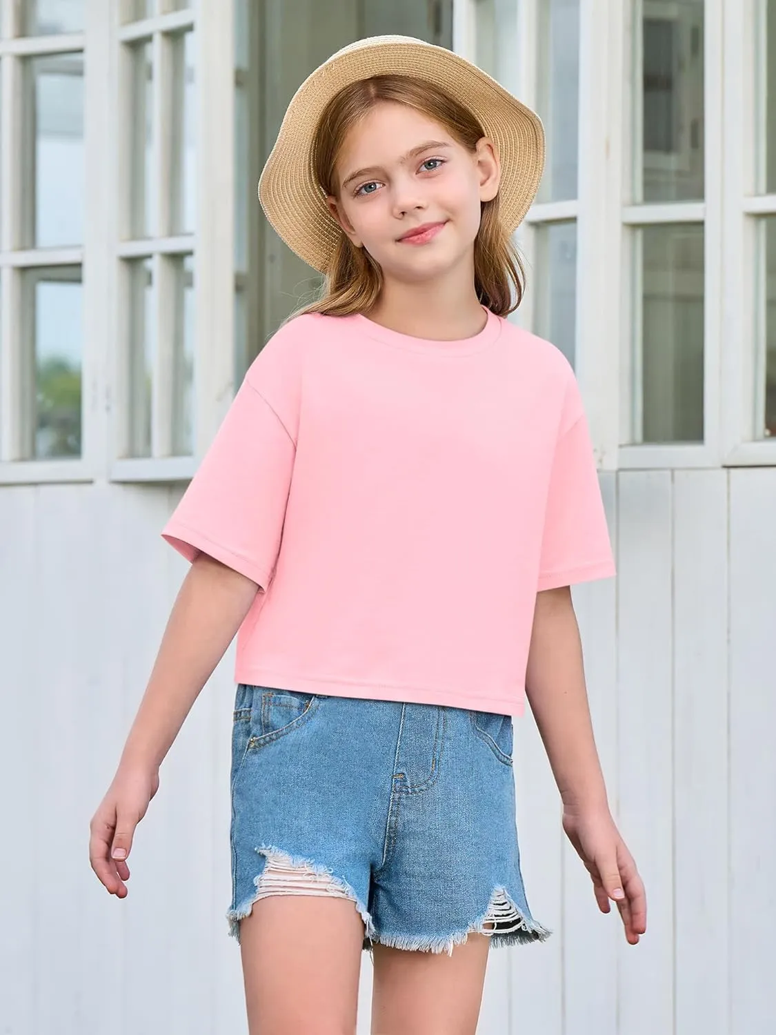 Yousify Girls Athletic T Shirts Kids Summer Crewneck Short Sleeve Fashion Crop Tops Tees 5-14 Years