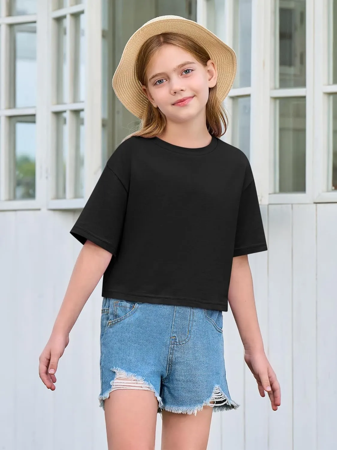 Yousify Girls Athletic T Shirts Kids Summer Crewneck Short Sleeve Fashion Crop Tops Tees 5-14 Years