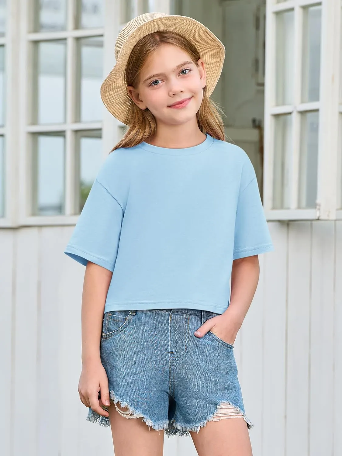 Yousify Girls Athletic T Shirts Kids Summer Crewneck Short Sleeve Fashion Crop Tops Tees 5-14 Years