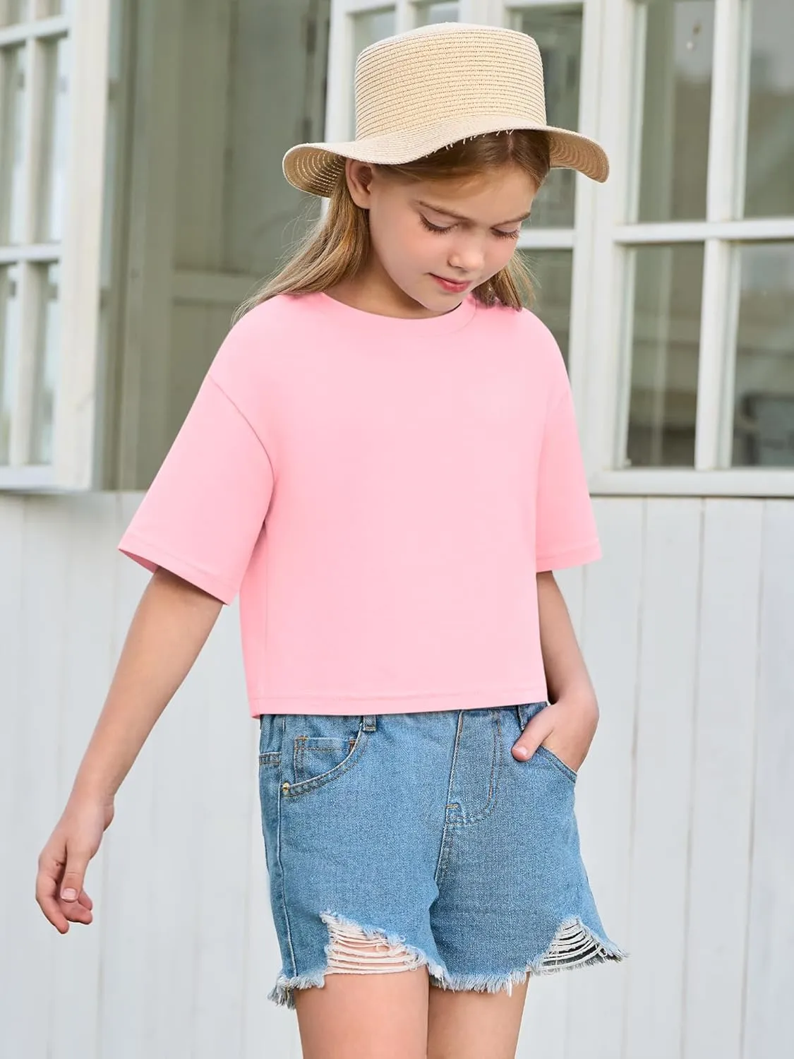 Yousify Girls Athletic T Shirts Kids Summer Crewneck Short Sleeve Fashion Crop Tops Tees 5-14 Years