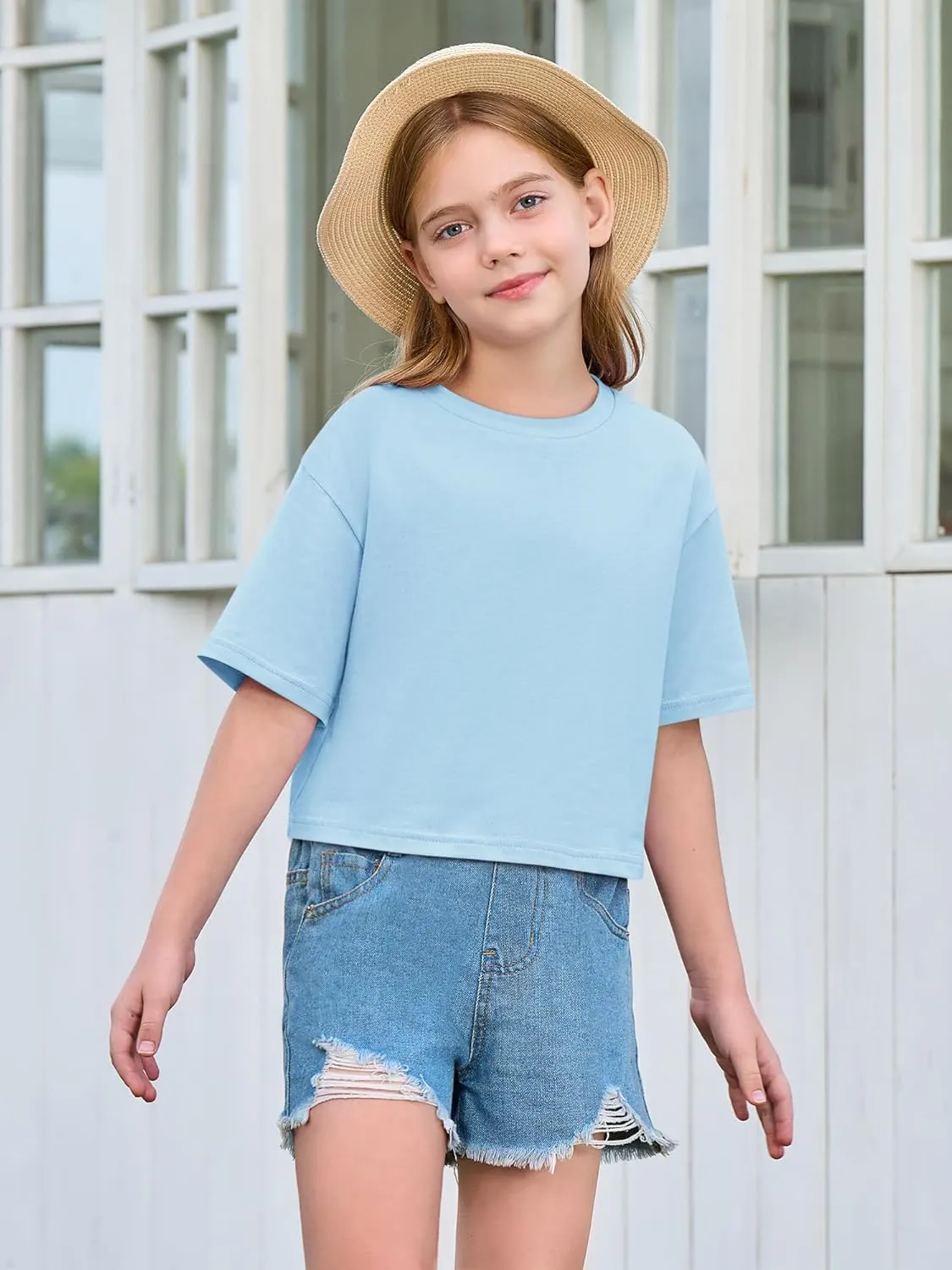 Yousify Girls Athletic T Shirts Kids Summer Crewneck Short Sleeve Fashion Crop Tops Tees 5-14 Years