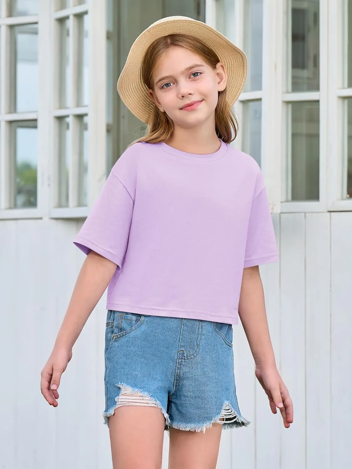 Yousify Girls Athletic T Shirts Kids Summer Crewneck Short Sleeve Fashion Crop Tops Tees 5-14 Years