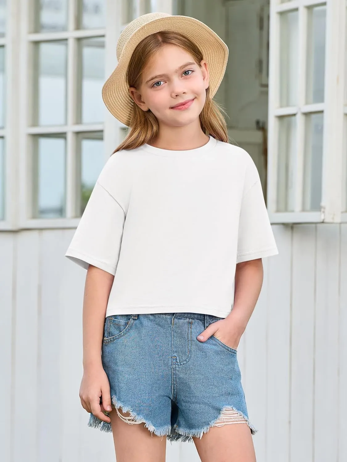 Yousify Girls Athletic T Shirts Kids Summer Crewneck Short Sleeve Fashion Crop Tops Tees 5-14 Years
