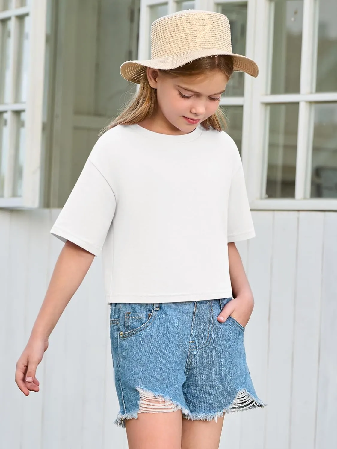 Yousify Girls Athletic T Shirts Kids Summer Crewneck Short Sleeve Fashion Crop Tops Tees 5-14 Years