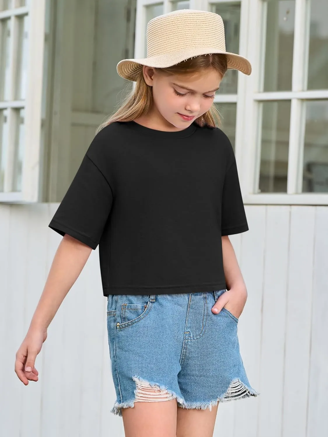 Yousify Girls Athletic T Shirts Kids Summer Crewneck Short Sleeve Fashion Crop Tops Tees 5-14 Years