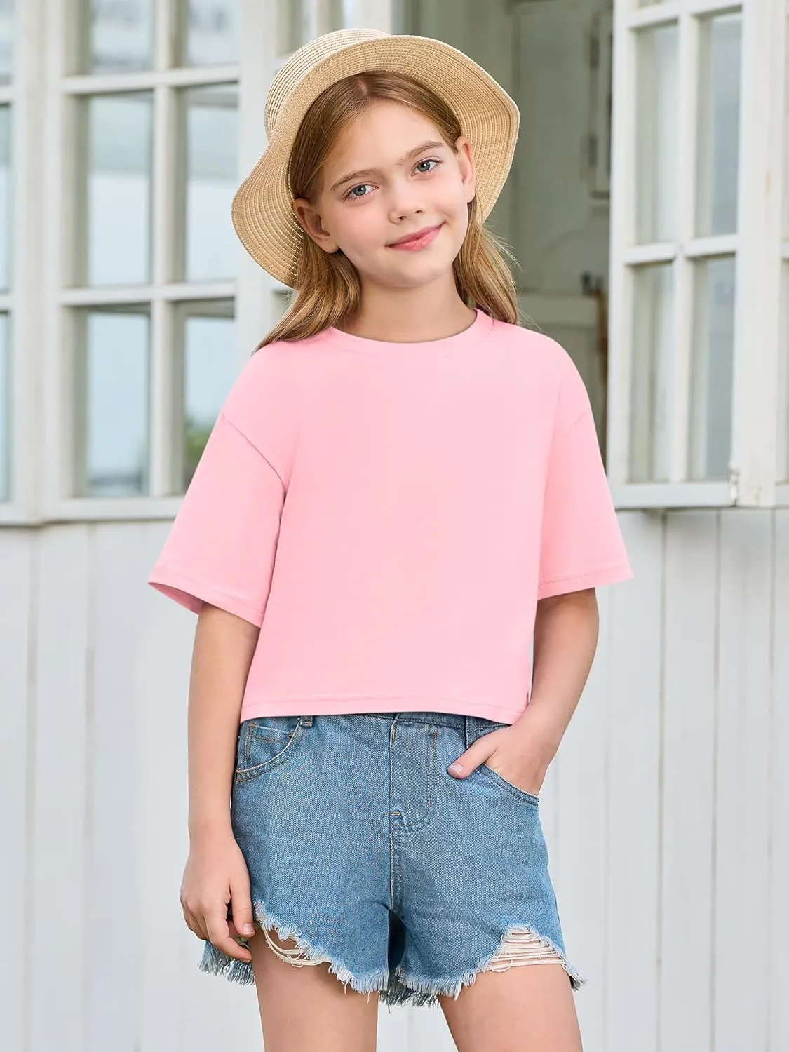Yousify Girls Athletic T Shirts Kids Summer Crewneck Short Sleeve Fashion Crop Tops Tees 5-14 Years