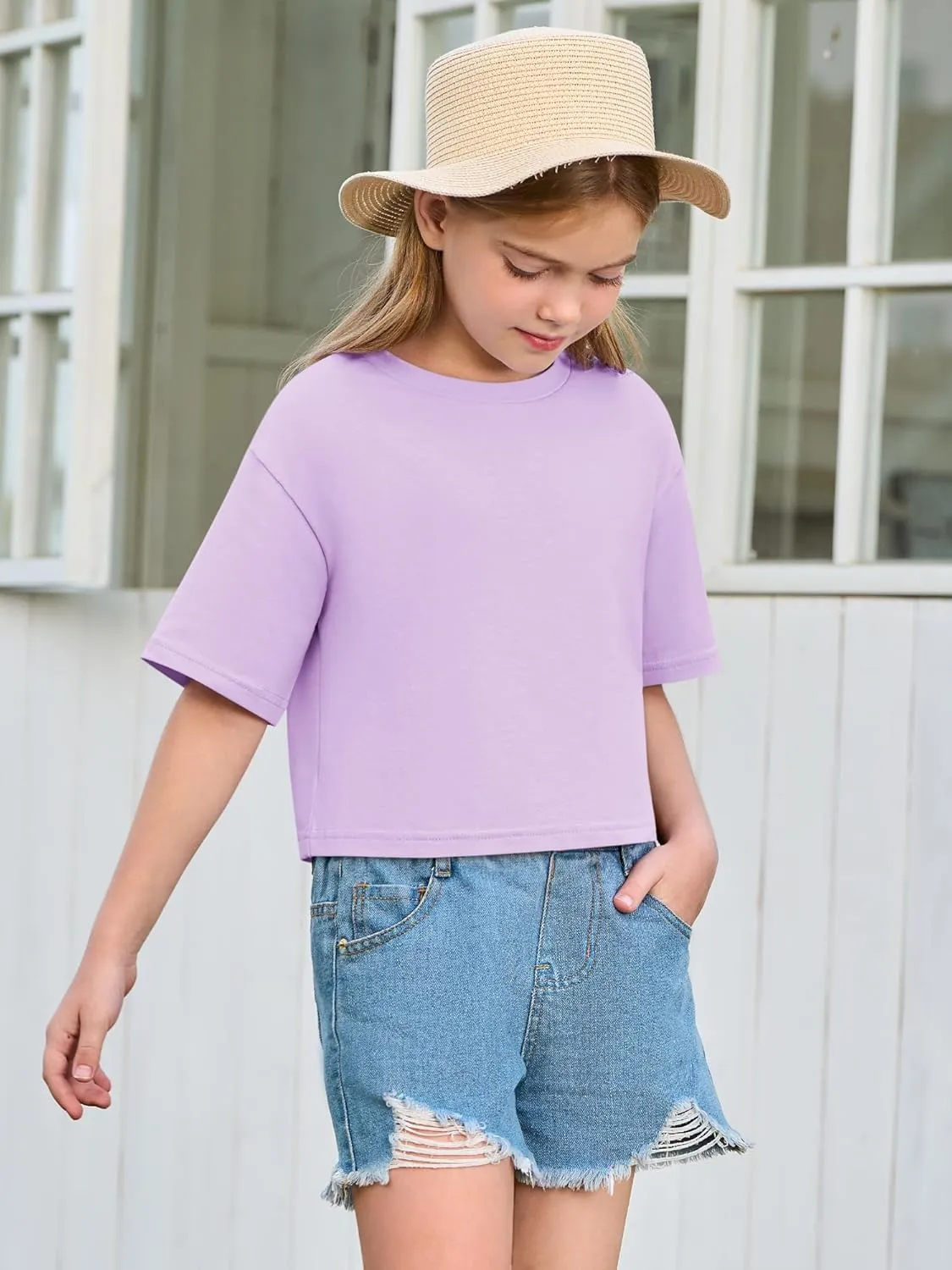 Yousify Girls Athletic T Shirts Kids Summer Crewneck Short Sleeve Fashion Crop Tops Tees 5-14 Years