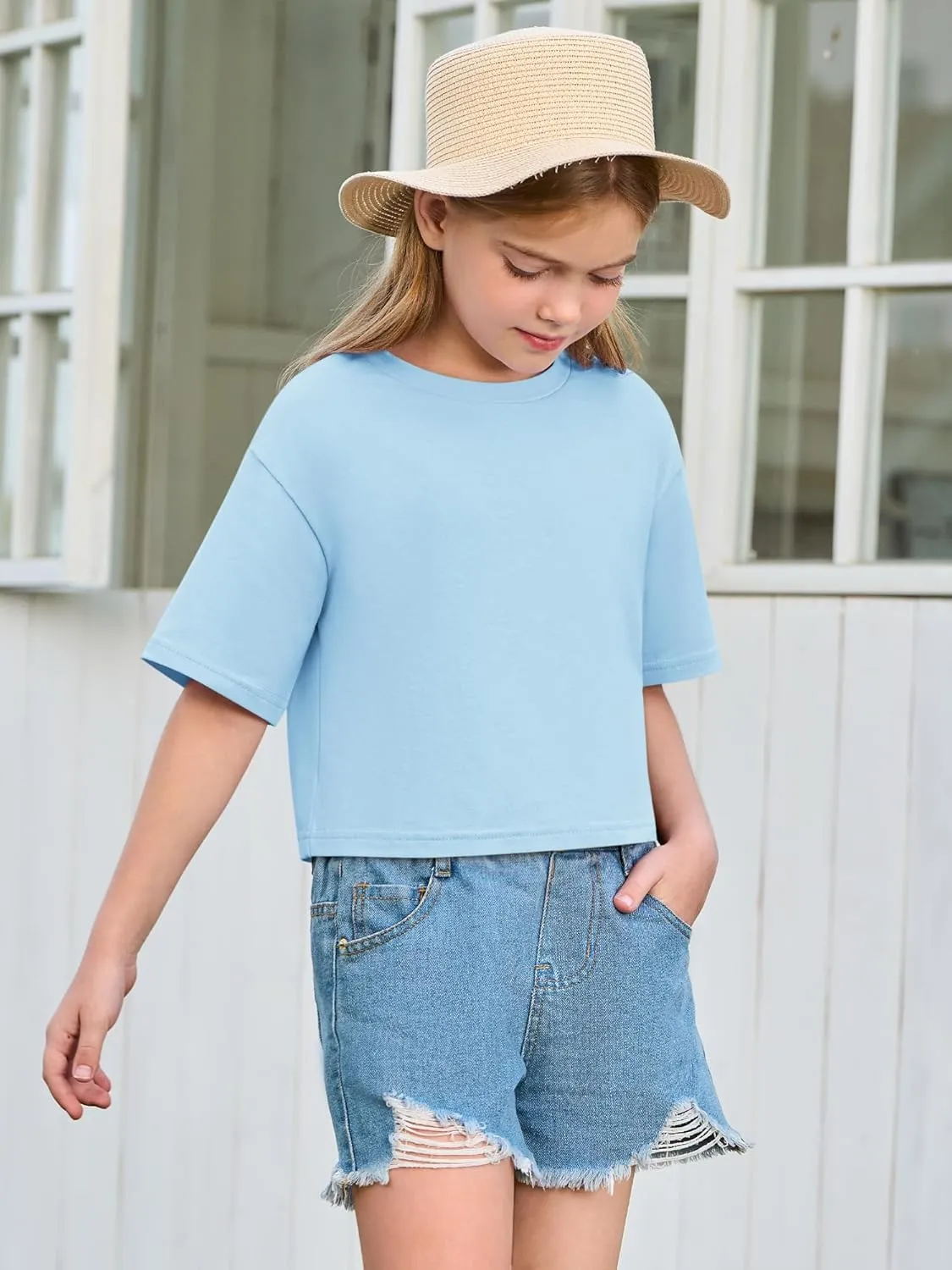 Yousify Girls Athletic T Shirts Kids Summer Crewneck Short Sleeve Fashion Crop Tops Tees 5-14 Years