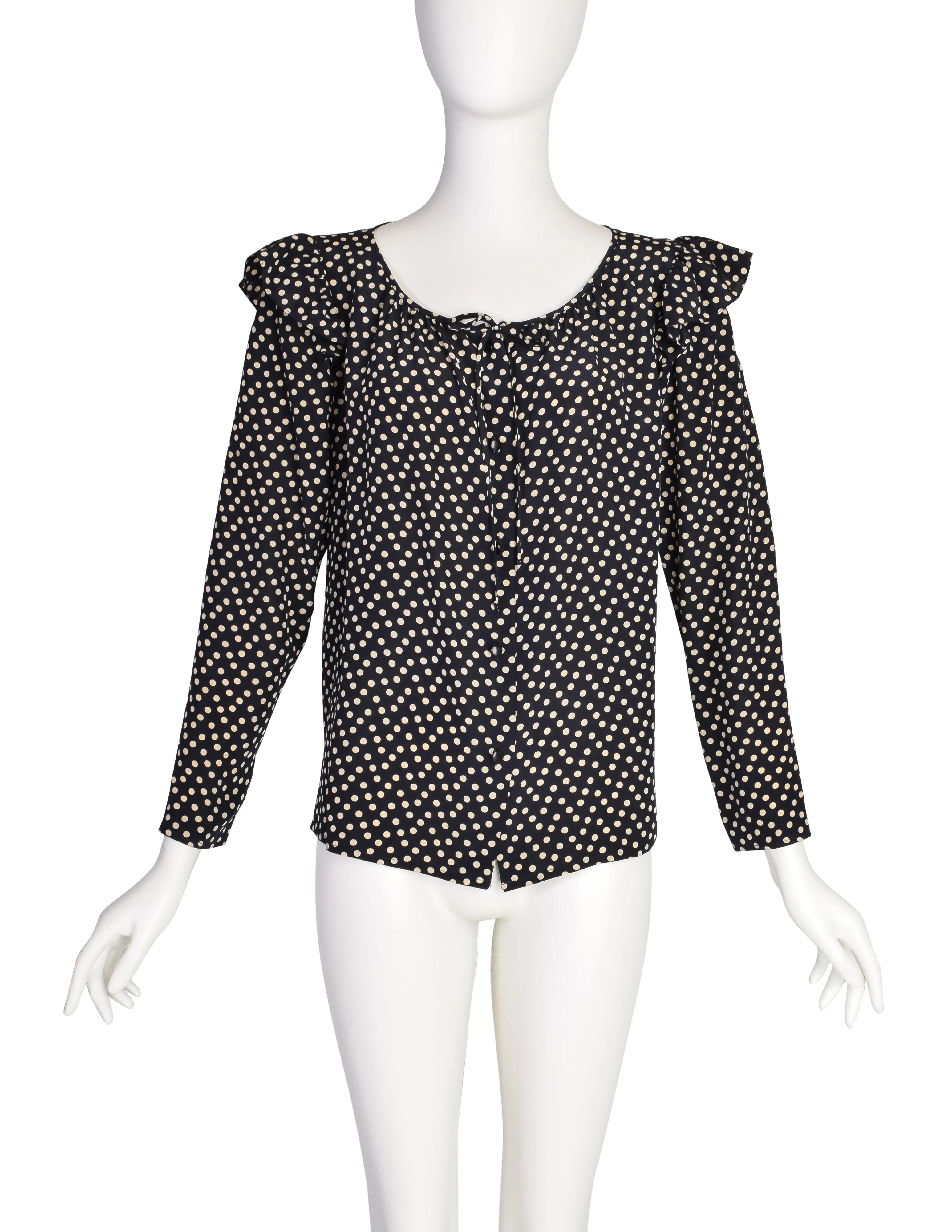 Yves Saint Laurent Vintage 1970s Black Cream Polka Dot Ruffle Epaulette Shirt