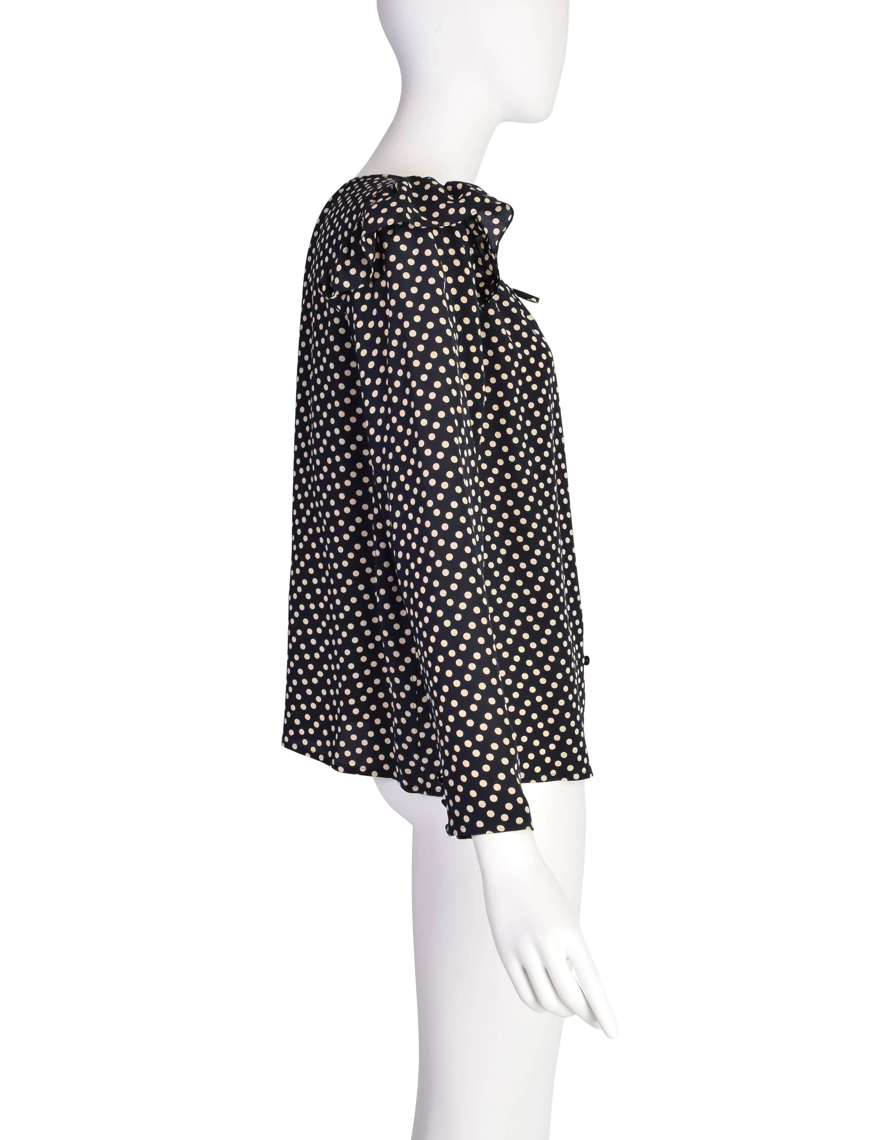 Yves Saint Laurent Vintage 1970s Black Cream Polka Dot Ruffle Epaulette Shirt