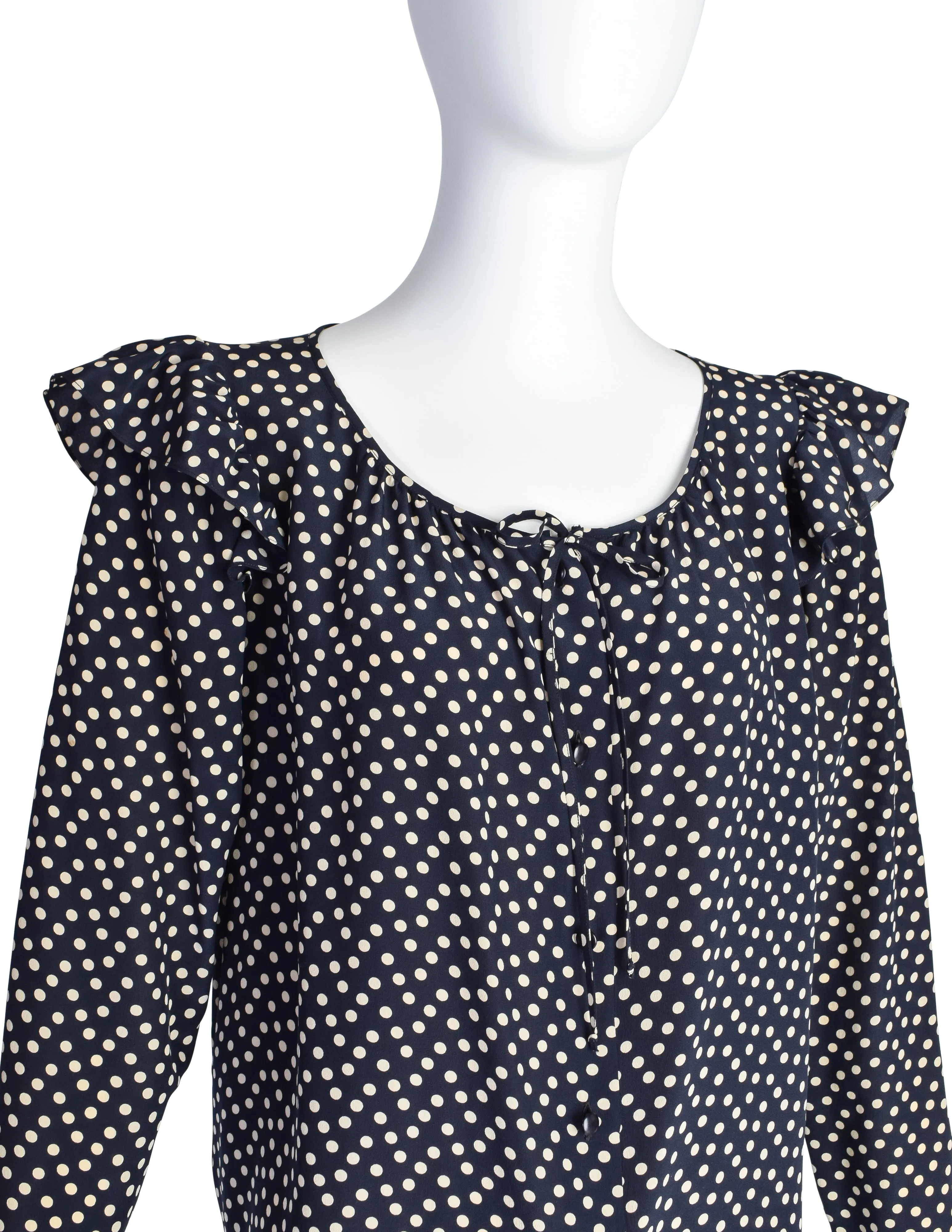 Yves Saint Laurent Vintage 1970s Black Cream Polka Dot Ruffle Epaulette Shirt
