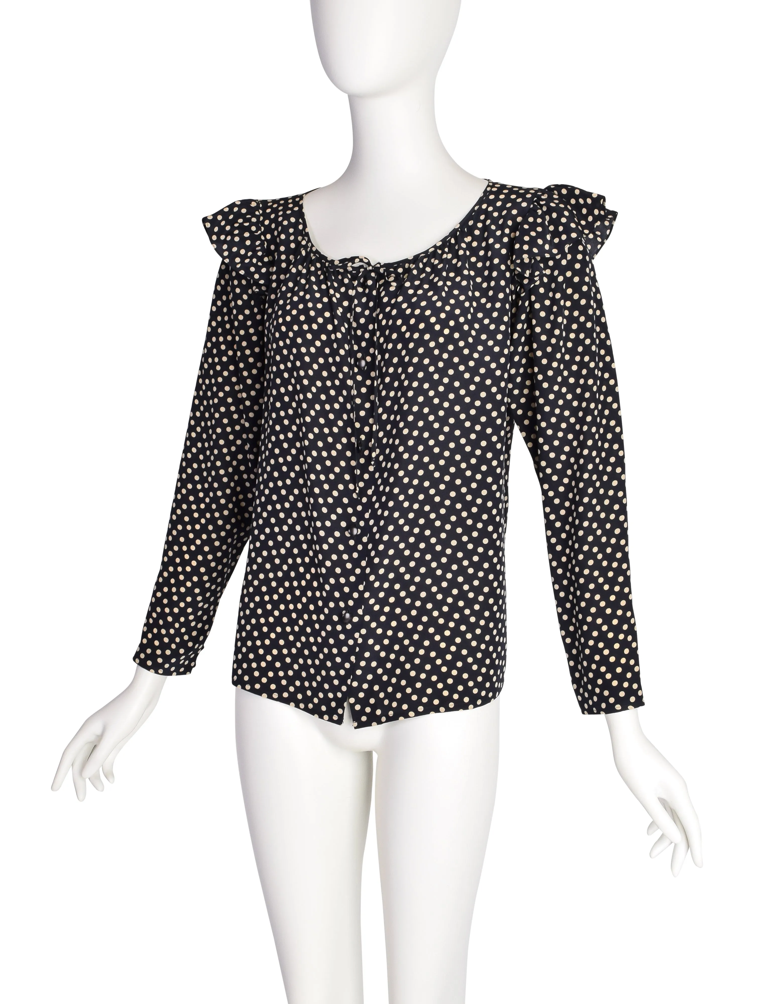 Yves Saint Laurent Vintage 1970s Black Cream Polka Dot Ruffle Epaulette Shirt