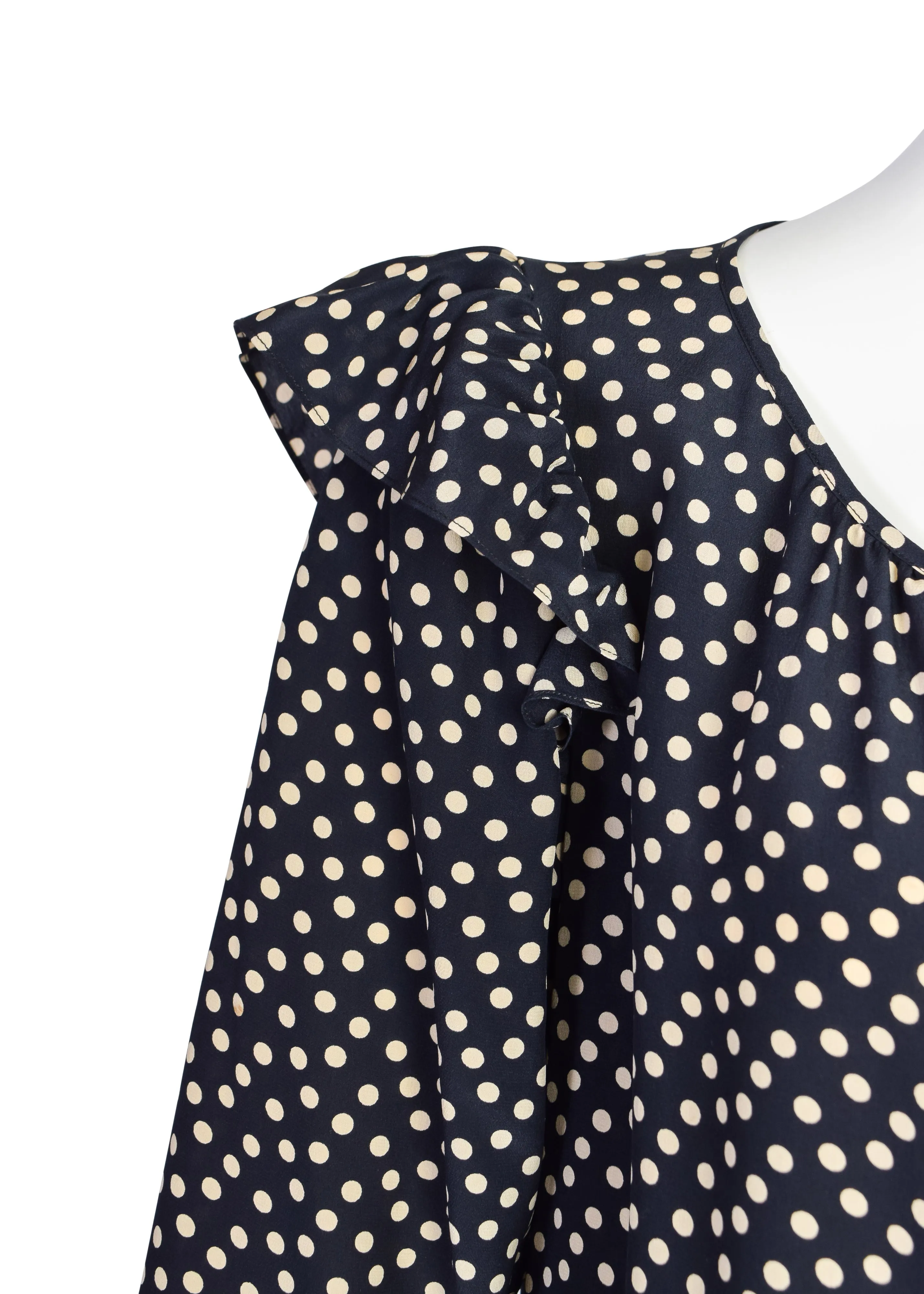 Yves Saint Laurent Vintage 1970s Black Cream Polka Dot Ruffle Epaulette Shirt