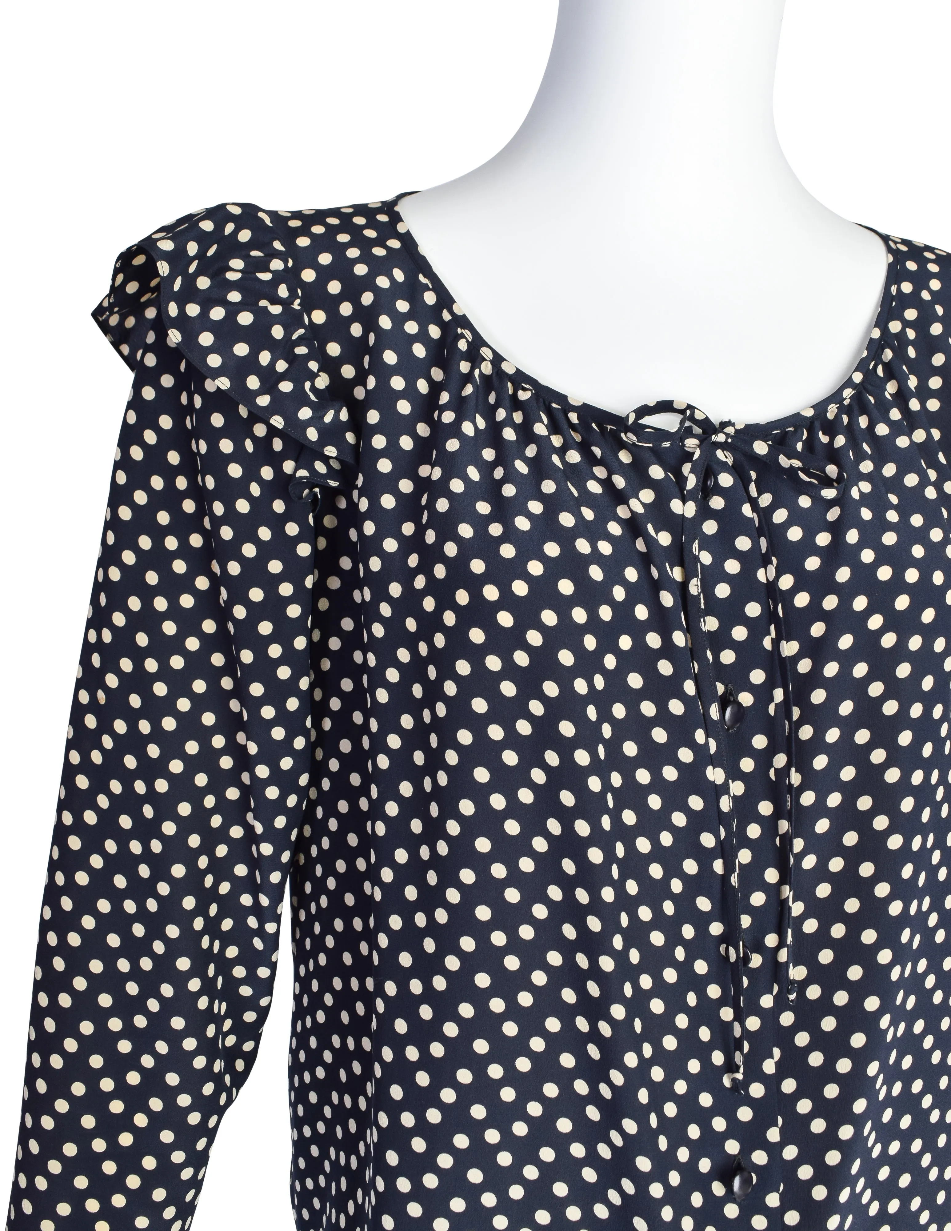 Yves Saint Laurent Vintage 1970s Black Cream Polka Dot Ruffle Epaulette Shirt