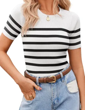 Zeagoo Women's Short Sleeve Basic Slim Fit Tops Crewneck Ribbed Knit T Shirt Cute Summer Outfits