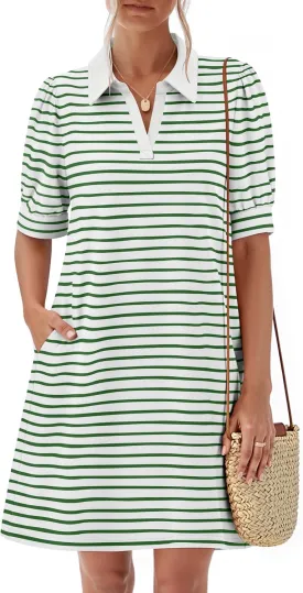 ZESICA Women's Summer Casual Striped Mini Dresses 2025 Lapel V Neck Short Sleeve Flowy A Line T Shirt Dress